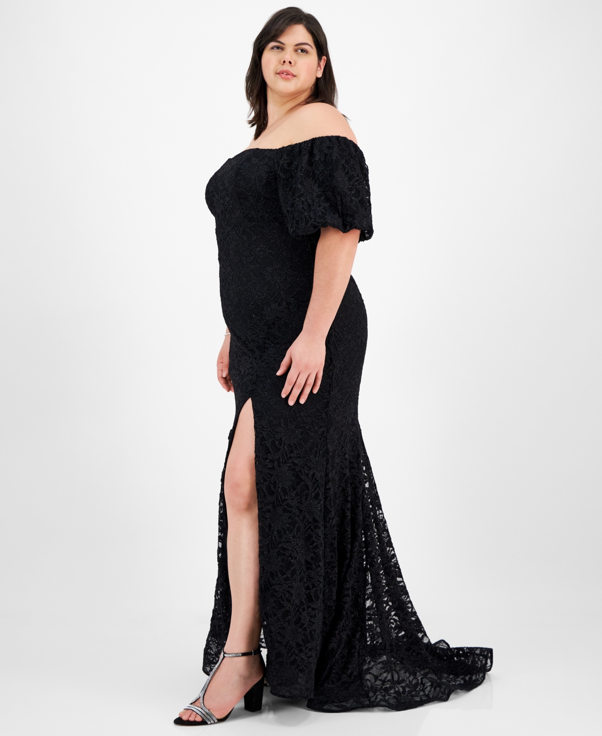 Emerald Sundae Plus Size Off-the-shoulder Lace Gown In Black