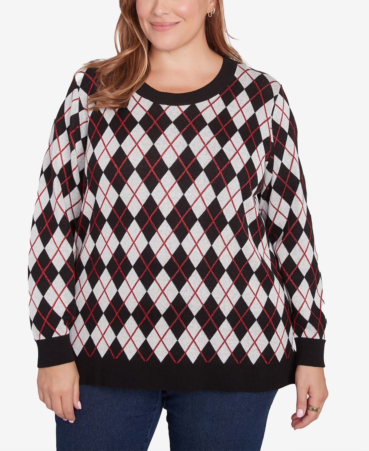 Plus Size Red-y To Shine Argyle Sweater - Black Multi