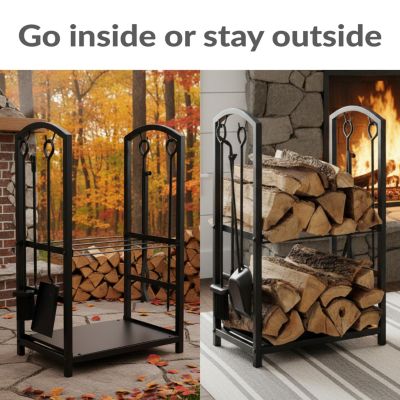 5pc Indoor/Outdoor Steel Log Holder with Fireplace Tool Set, Tongs, Poker, Shovel and Brush - Black