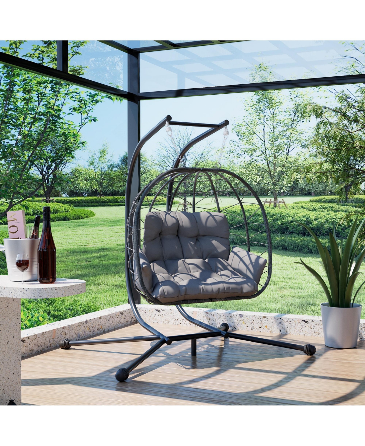 Pamapic Outdoor 2-Person Hanging Wicker Double Egg Porch Swing Chair with Stand and Beige Cushion