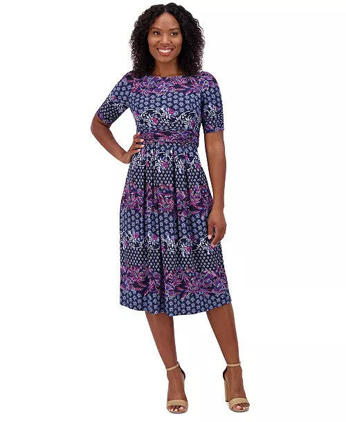 women's printed ruched-sleeve midi dress