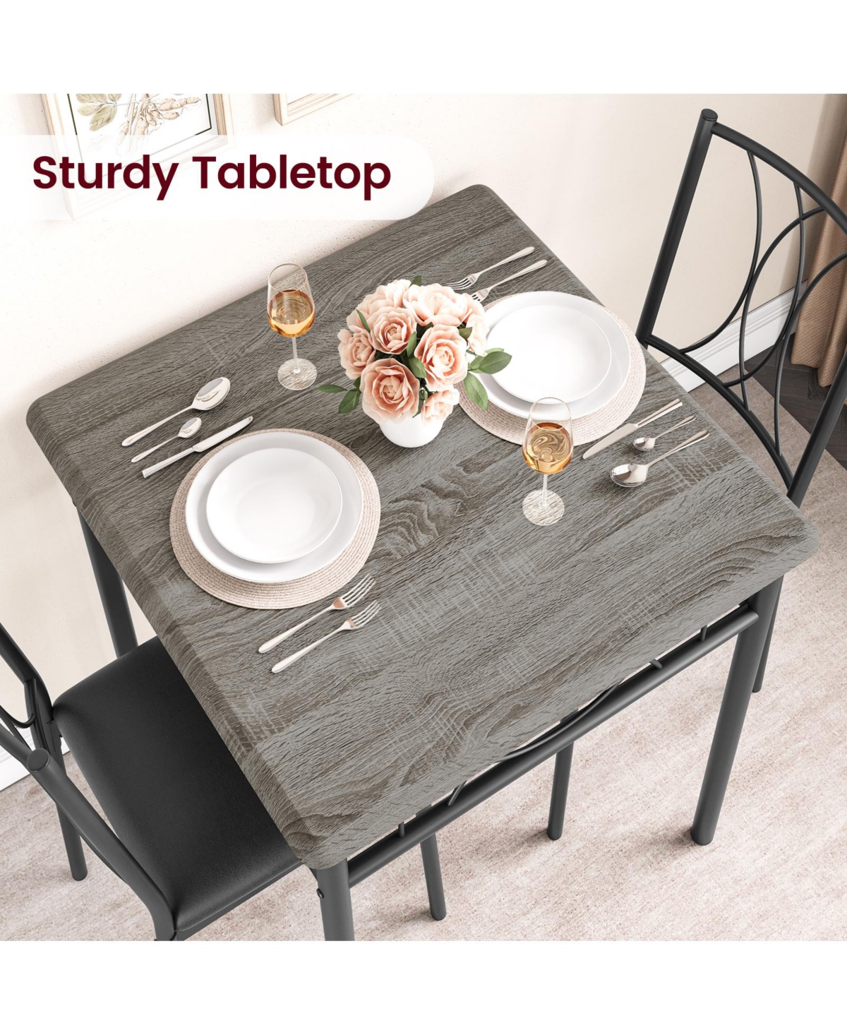 gaomon Dining Table Set for 2, Kitchen Table and Chairs, Square Dining Room Table Set , 3 Piece Dining Table Set , Rustic- Grey