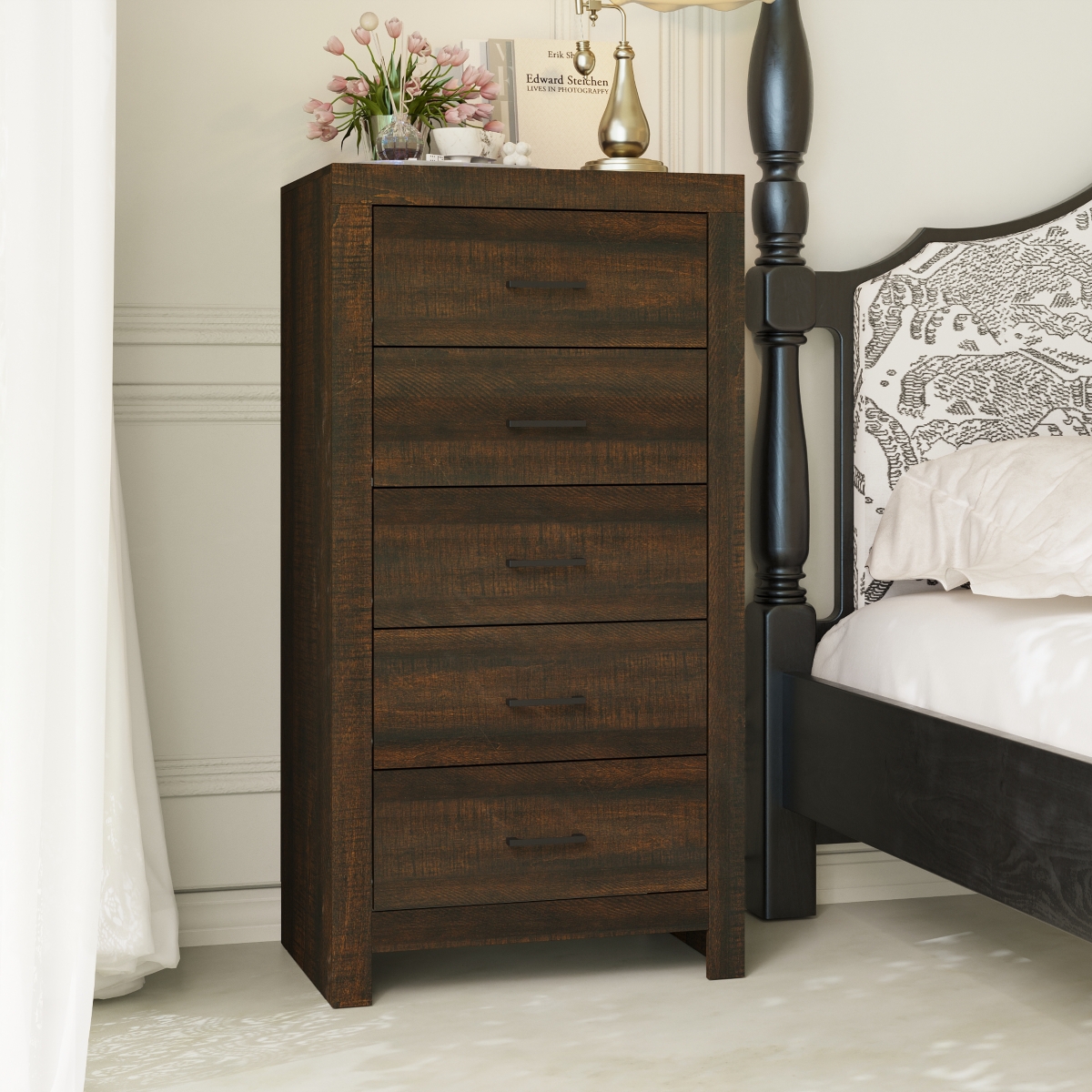Homsee Brown Wood Accent Storage Dresser Organizer With 5 Drawers