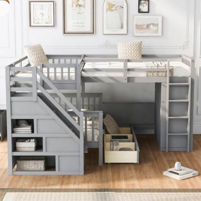 Twin/Twin/Full L-Shaped Bunk Bed w/ Desk, Wardrobe & Drawers