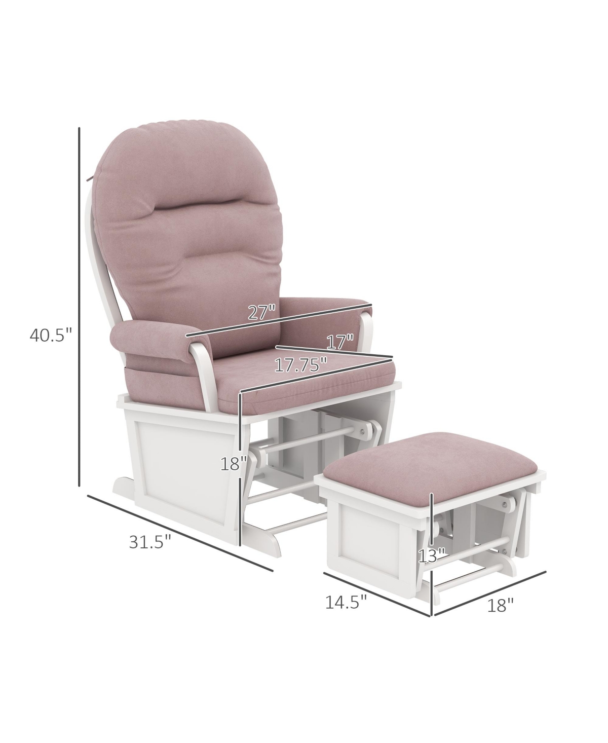 Streamdale Furniture Nursery Glider Rocking Chair with Ottoman, Thick Padded Cushion Seating and Wood Base,- Pink