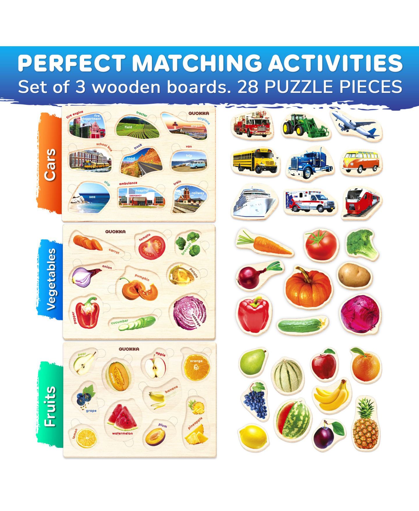 Детские игрушки Quokka Montessori Toy Wooden Puzzles, 3-Piece Set, Ages 1+, цвет: Fruits, Cars And Vegetables — фото 2