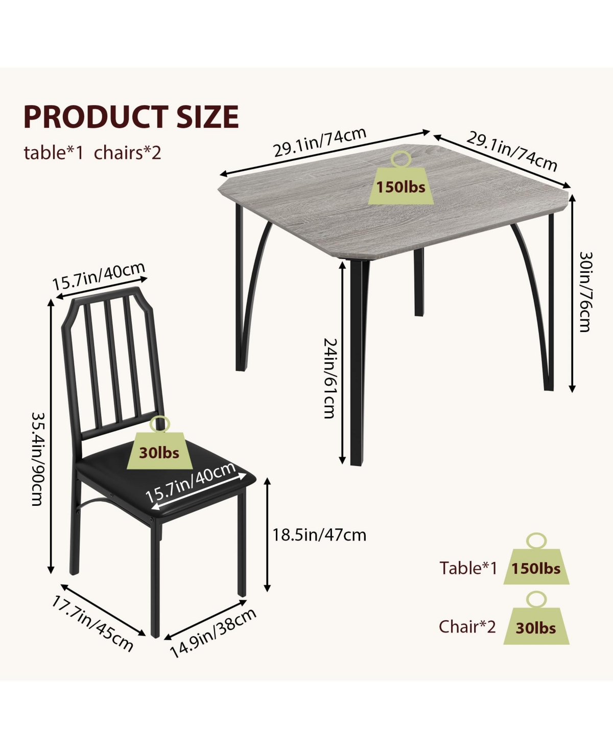 gaomon Kitchen Table and Chairs for 2 with with Chamfer Design, Dining Table Set with Cushion Seats