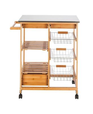 Moveable Kitchen Cart with Stainless Steel Table Top, Three Drawers, and Three Baskets in Burlywood for Versatile Storage and Convenience
