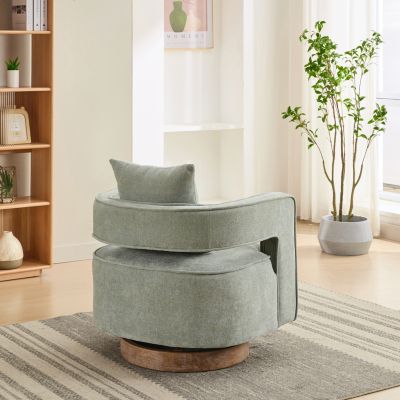 Streamdale 1 Pc. Pale Green Linen Blend Upholstered Foam Cushioned Weathered Wood Base 360° Swivel Accent Chair