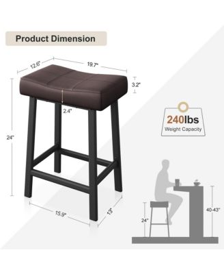 Set of 2 Ergonomic 24" Counter Height Bar Stools with Curved PU Leather Seat, Metal Frame, Integrated Footrest, Supports 240 lbs