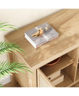 TV Stand for 75 Inch TV, Rattan Entertainment Center with Storage, Wood TV & Media Console