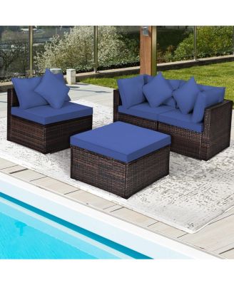 4 Pieces Ottoman Garden Patio Rattan Wicker Furniture Set with Cushion-Navy
