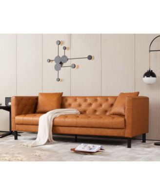 3 Seater Sofa with Tufted Back, Grain Leather Couch with Feather, Vintage Faux Leather