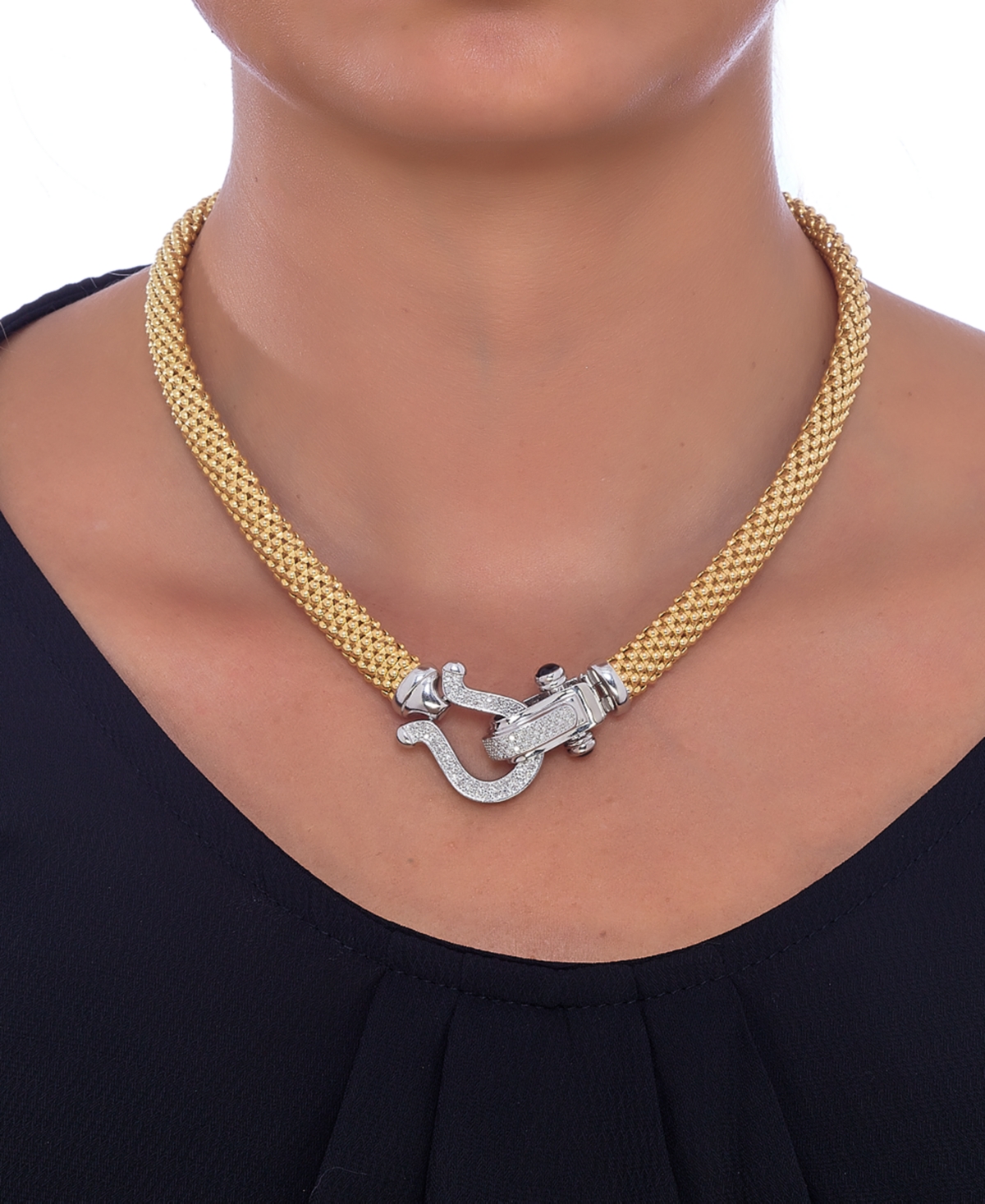 Macy's Diamond Horseshoe Clasp Mesh Link 17" Collar Necklace (5/8 Ct. T.w.) In Sterling Silver Or 14k Gold- In Gold-plated Sterling Silver
