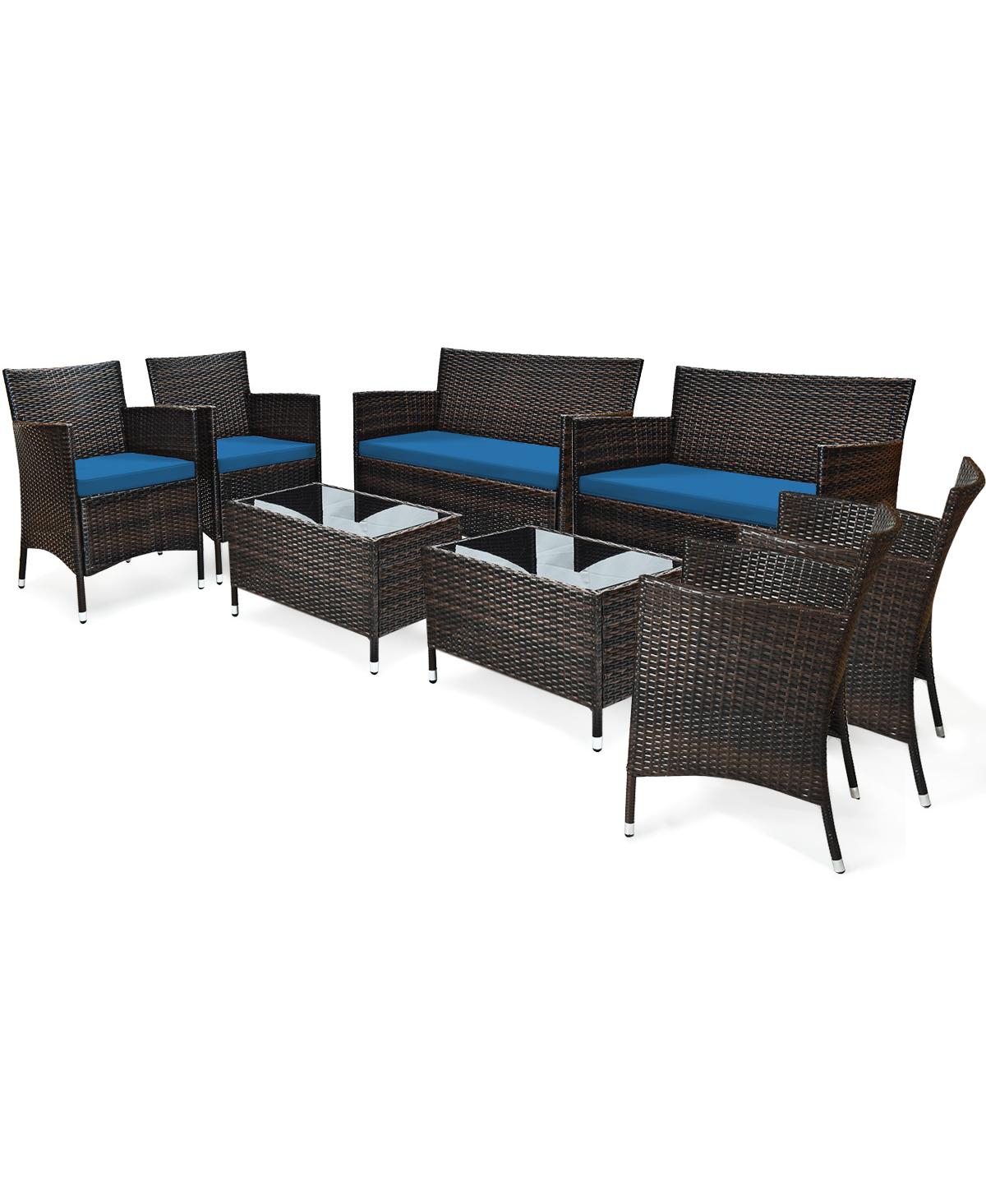 Sugift 4 Pieces Comfortable Outdoor Rattan Sofa Set with Glass Coffee Table-Peacock- Blue