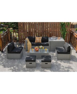 8 Pieces Patio Rattan Furniture Set with Storage Waterproof Cover and Cushion-Black