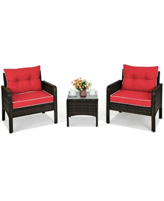 3 Pcs Outdoor Patio Rattan Conversation Set with Seat Cushions-Red