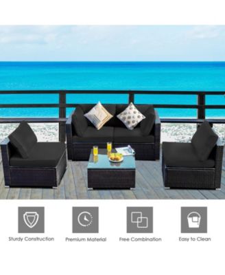 5 Pieces Cushioned Patio Rattan Furniture Set with Glass Table-Black