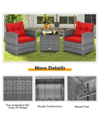 3 Pieces Outdoor Wicker Conversation Set with Tempered Glass Tabletop-Red