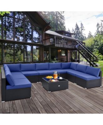 10 Piece Outdoor Wicker Conversation Set with Seat and Back Cushions-Navy