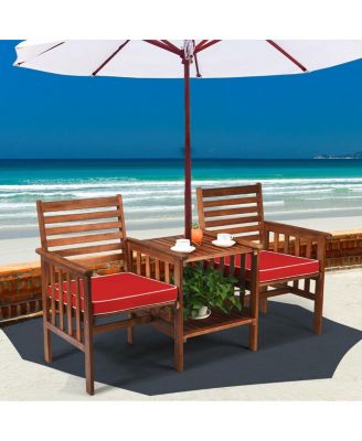 3 pcs Outdoor Patio Table Chairs Set Acacia Wood Loveseat-Red