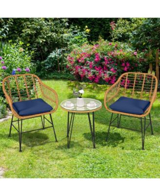 3 Pieces Rattan Furniture Set with Cushioned Chair Table-Navy