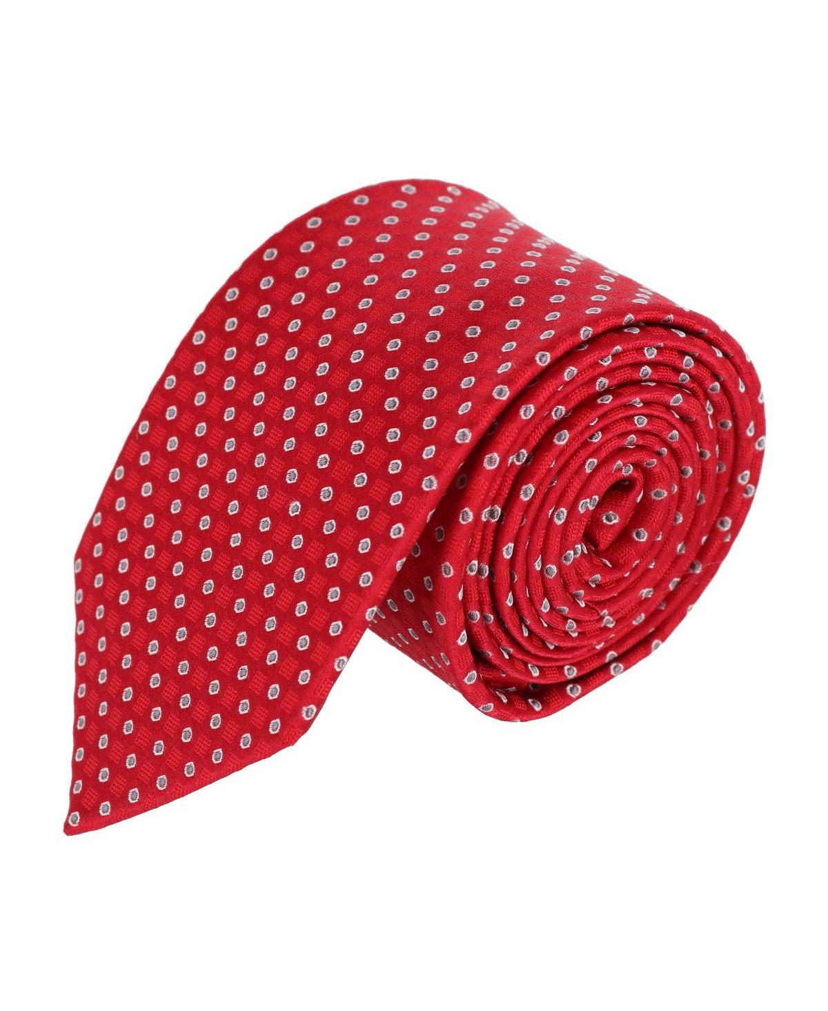 Men's Ewing Square and Polka Dot Business Silk Necktie - Red with silver polka dots
