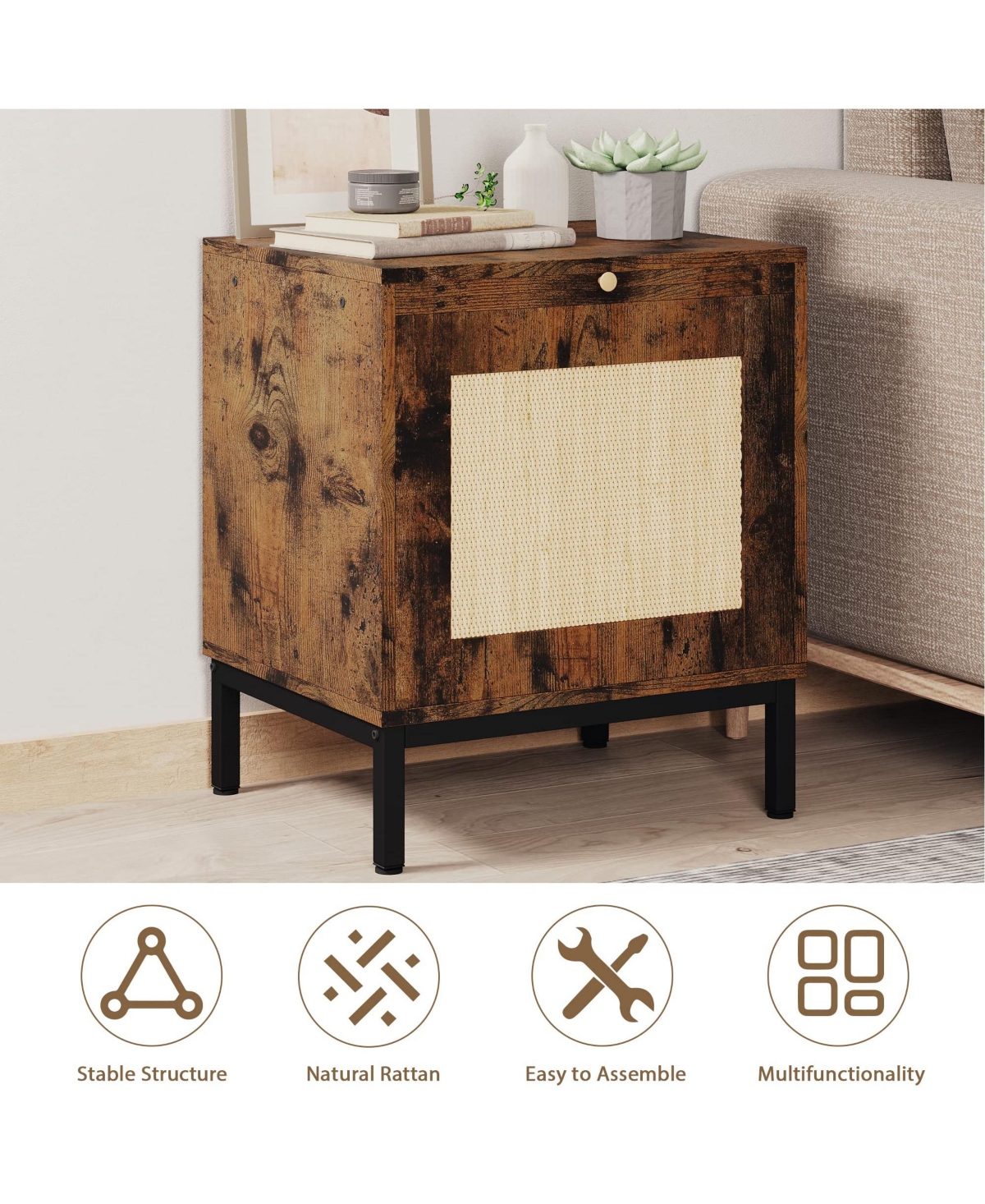 gaomon Rattan End Table - Set of 1, Wood Nightstand with Storage Shelf