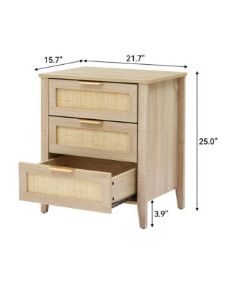 Nightstand, Rattan End Table, Nightstands with 3 Natural Rattan Drawers, Strong Support Wooden Structure, Side Table