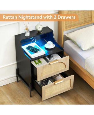 Rattan Nightstand with Charging Station and LED Lights, Bedside Table with 2 Storage Rattan Drawer, Storage End Table, Black
