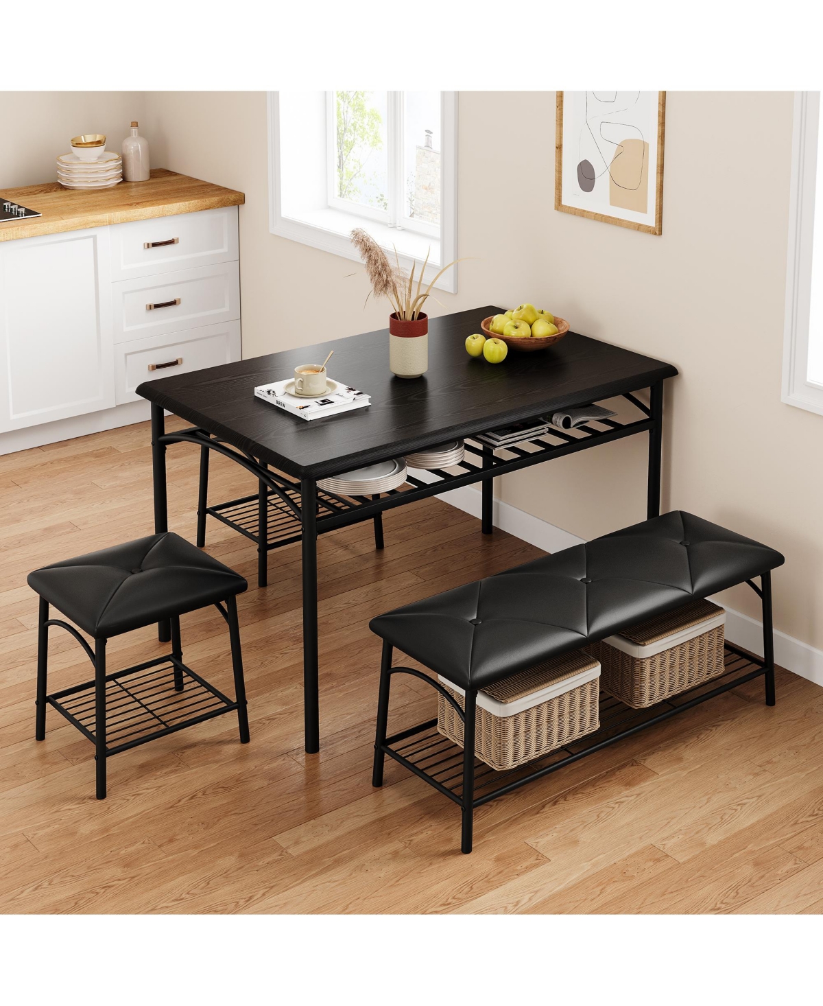 gaomon Kitchen Table with Bench, Dining Room Table Set for 4 with Upholstered Bench and Square Stools, Table Set with Storage- Black