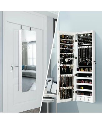 Wall and Door Mounted Mirrored Jewelry Cabinet with Lights-White