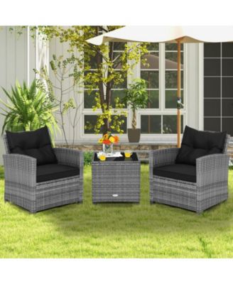 3 Pieces Outdoor Wicker Conversation Set with Tempered Glass Tabletop-Black