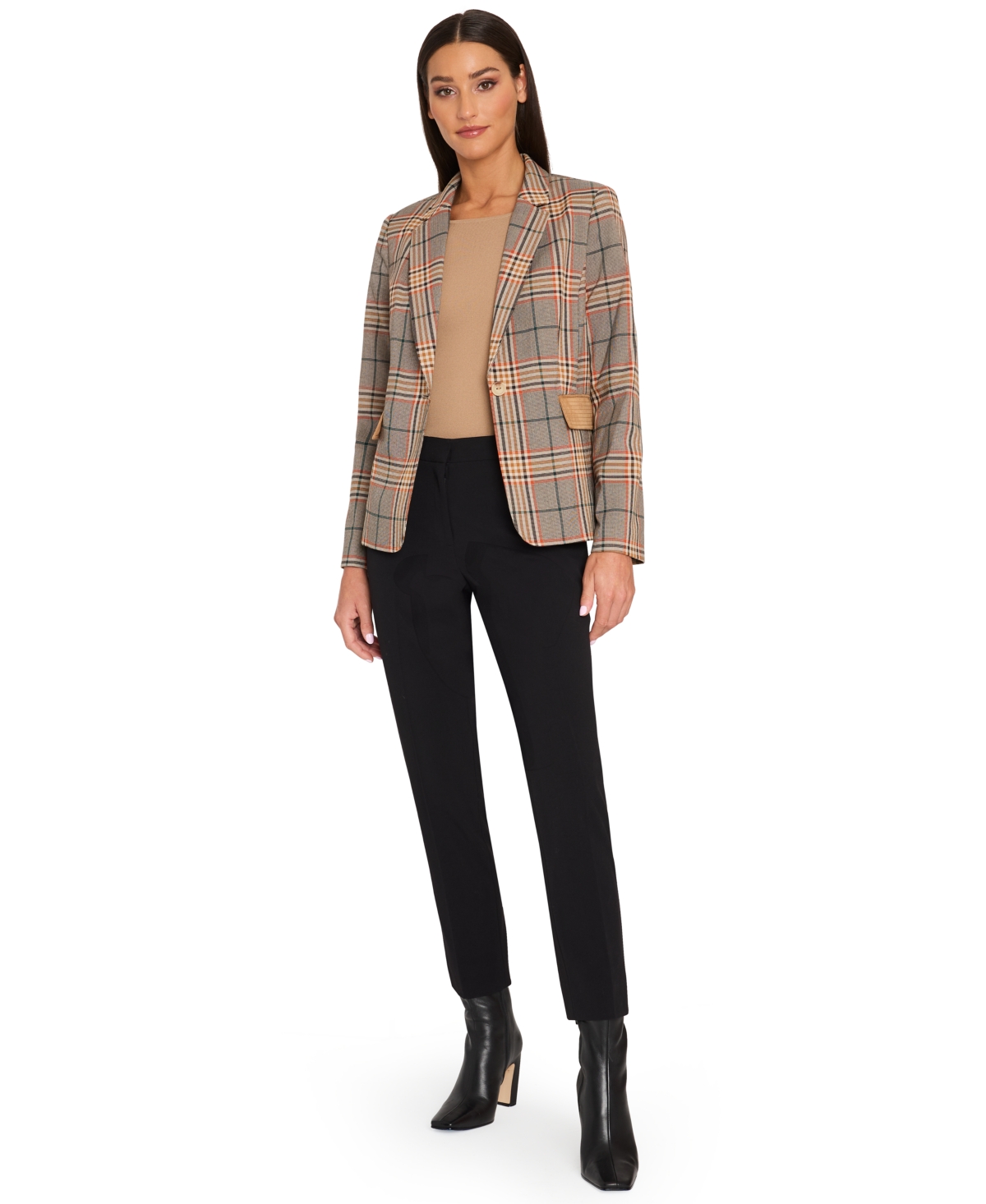 Tahari Asl Women's Plaid One-Button Suede-Pocket Jacket -Black