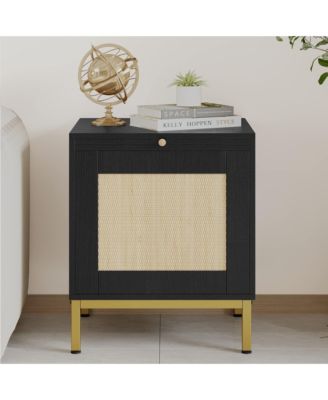 Rattan End Table - Set of 1, Wood Nightstand with Storage Shelf