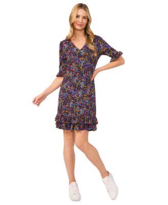 CeCe - Women's V-Neck Ruffled Ditsy-Print Shift Dress