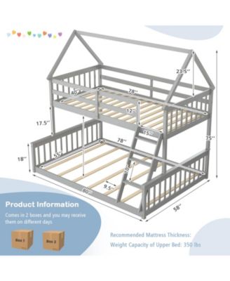Twin Over Full House Bunk Bed with Ladder and Guardrails-Gray