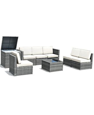 8 Piece Wicker Sofa Rattan Dinning Set Patio Furniture with Storage Table-White