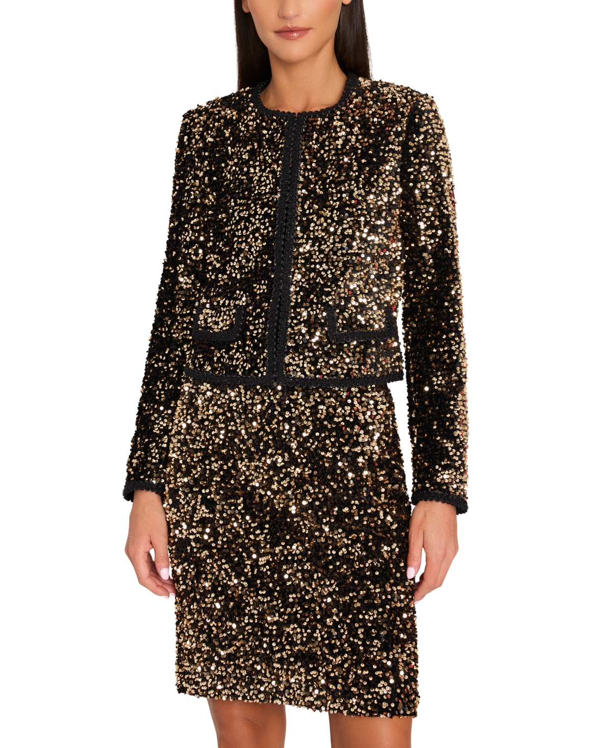 Shop Tahari Asl Women's Sequin Hook-and-eye Blazer In Gold,black