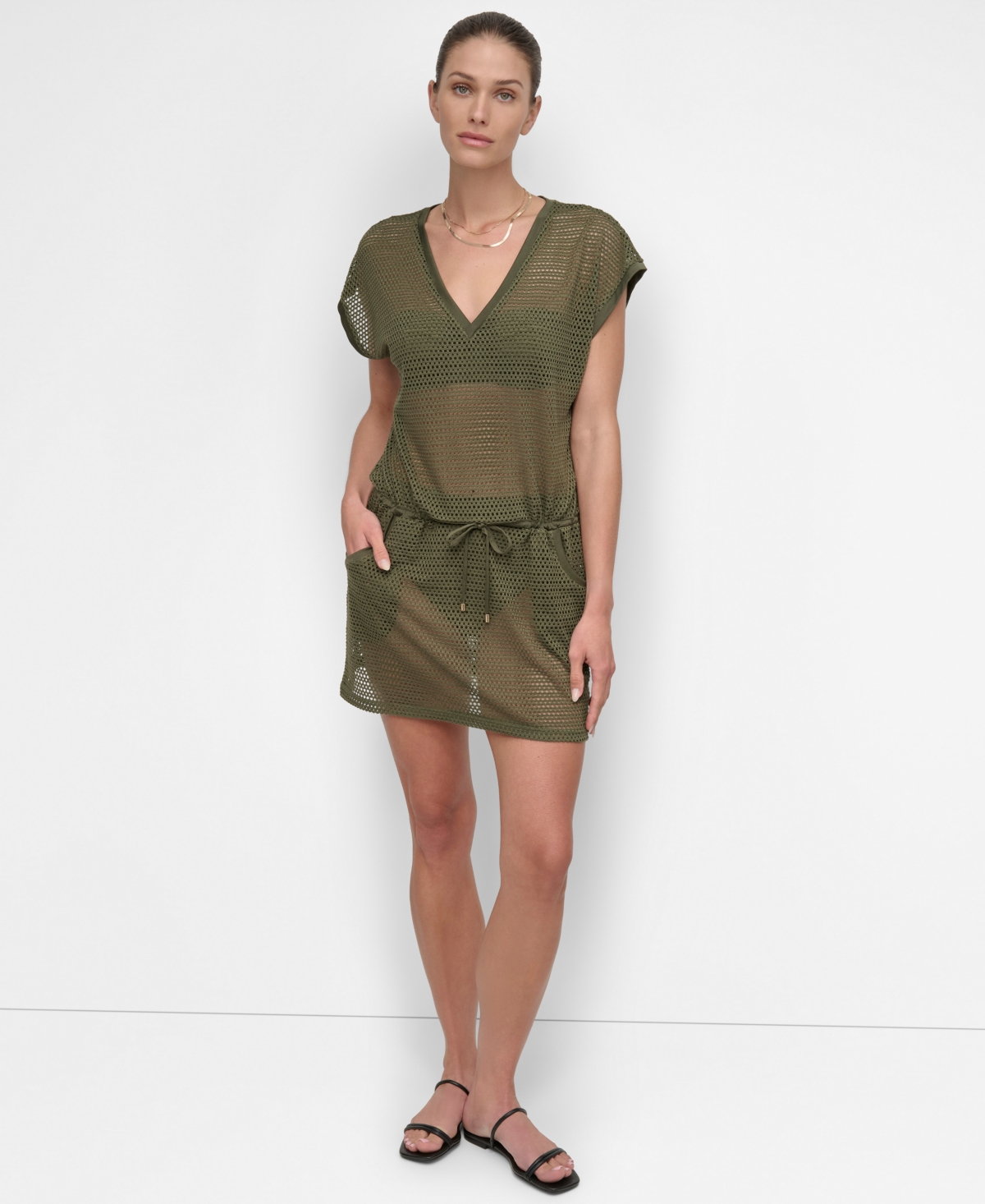 DKNY WOMEN'S MESH DRAWSTRING TUNIC SWIM COVER-UP 