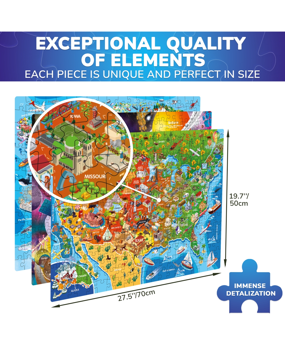 Quokka 3 Pack Puzzles for Kids Ages 8-10 and Adults - World, Usa Map & Space - 1000 pieces