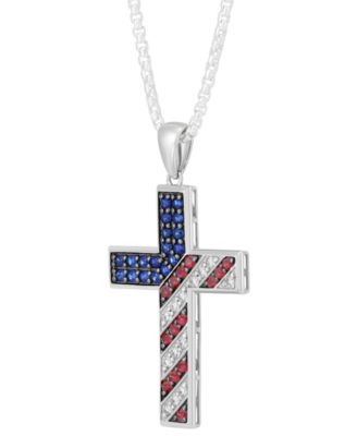 Men's Lab Grown Multi-Gemstone (2-1/2 ct. t./w.) Flag Cross 22" Pendant Necklace in Sterling Silver