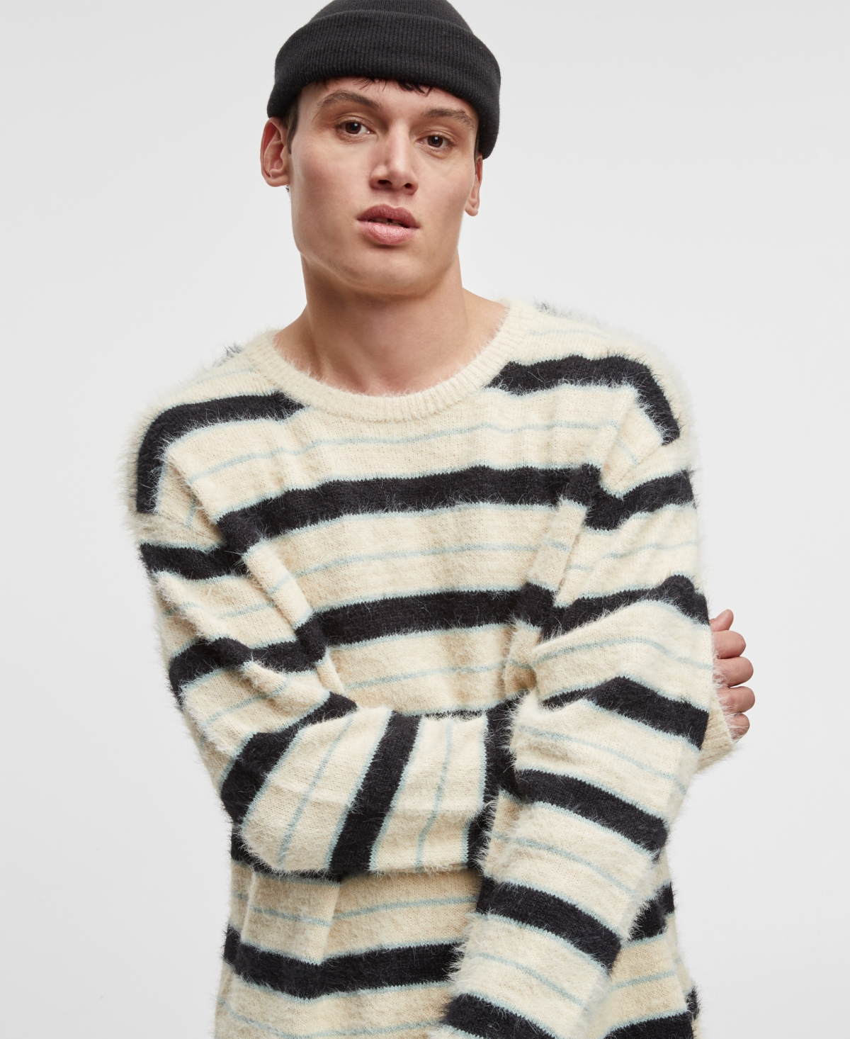 Men's Long-Sleeve Eyelash Stripe Sweater, Exclusively at Macy's - Dark Ecru