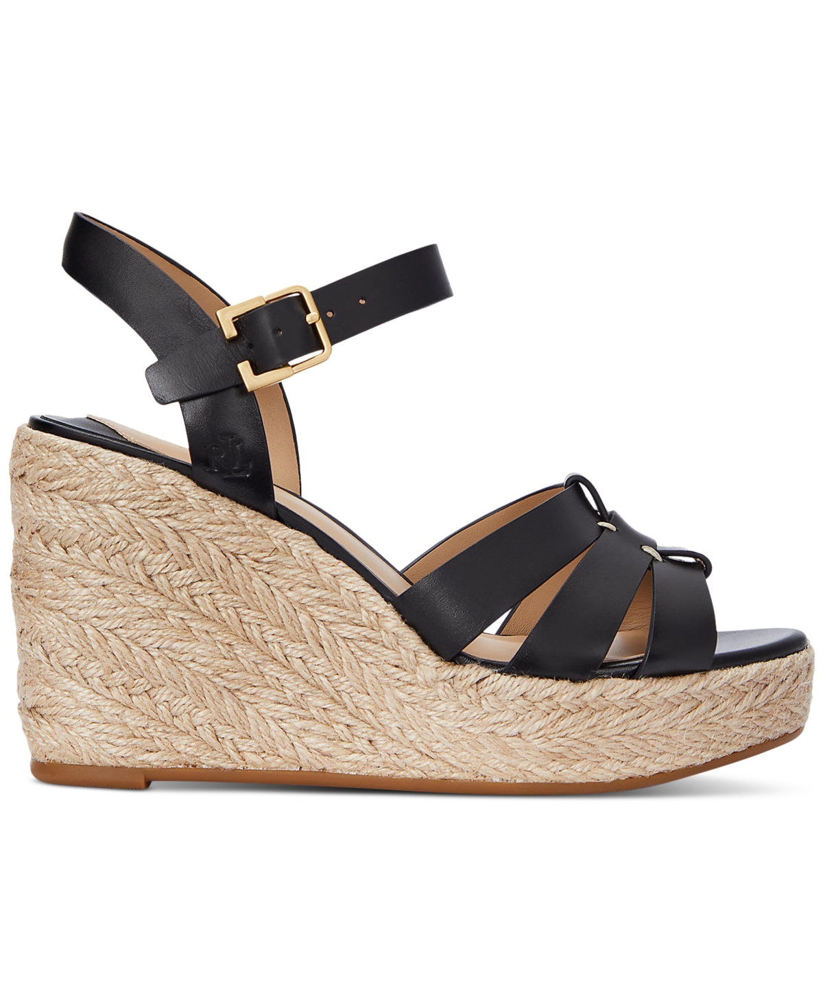 Ralph Lauren Soffia Black Calfskin Leather Wedge Espadrille San In Black
