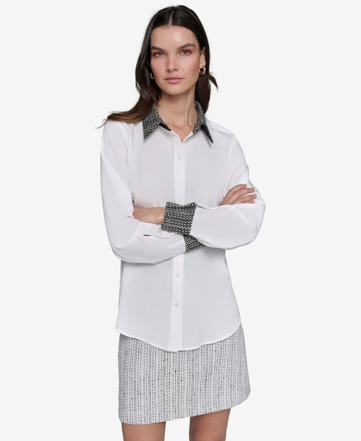 Karl Lagerfeld Women's Tweed-trim Button-front Shirt In Soft White,black