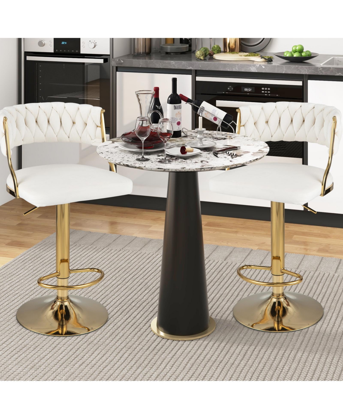 Sugift Swivel Barstool with Woven Back Set of 2 for Kitchen Island Cafe- White