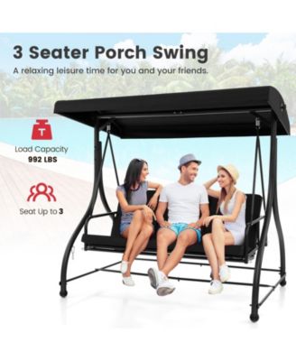 3 Seat Outdoor Porch Swing with Adjustable Canopy-Black