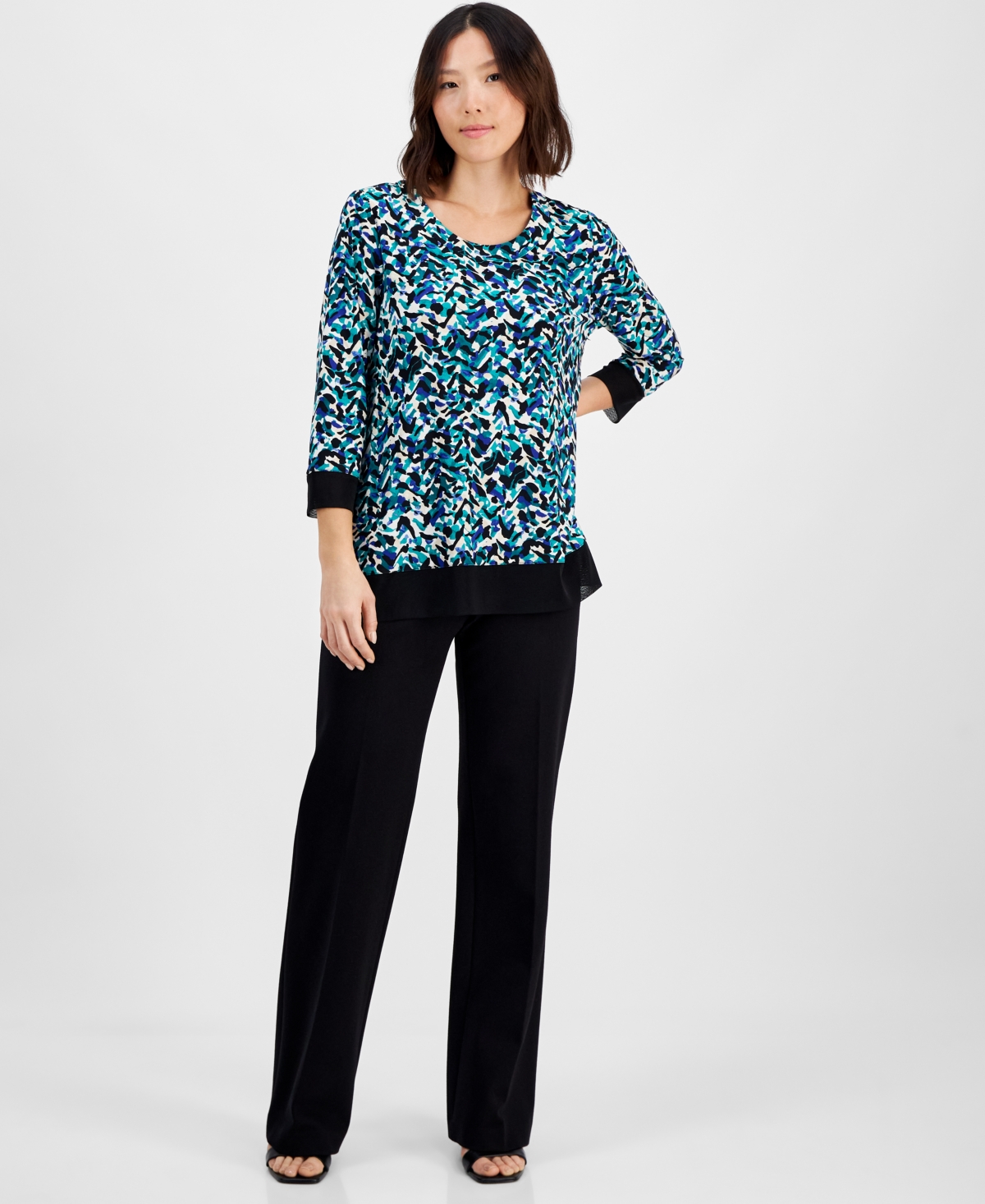 AK ANNE KLEIN PETITE 3/4-SLEEVE SOLID-TRIM PRINTED TUNIC 