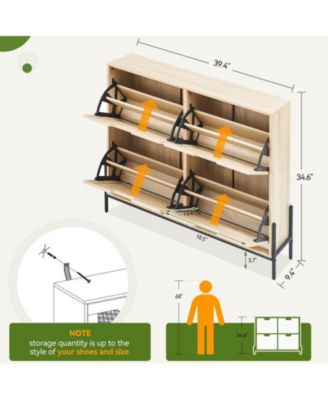 Natural Rattan Shoe Storage Cabinet, Freestanding Shoe Cabinet with 4 Flip Drawers, Modern Shoe Organizer with Adjustable Shelves
