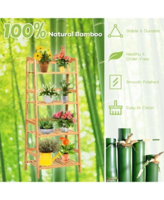 4-Tier Bamboo Plant Rack with Guardrails Stable and Space-Saving-Natural